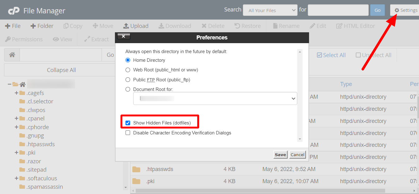enabling viewing hidden files