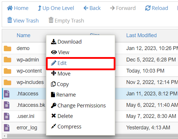 edit menu to ope .htaccess file