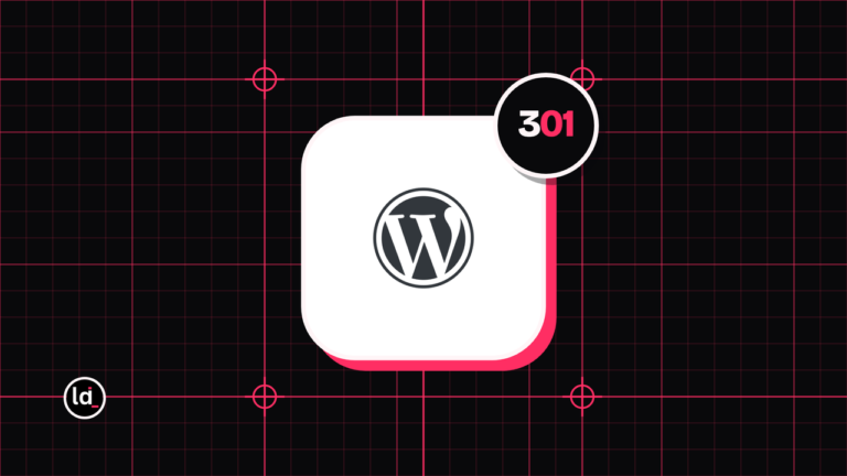 WordPress icon on a black grid with a 301 badge for redirects