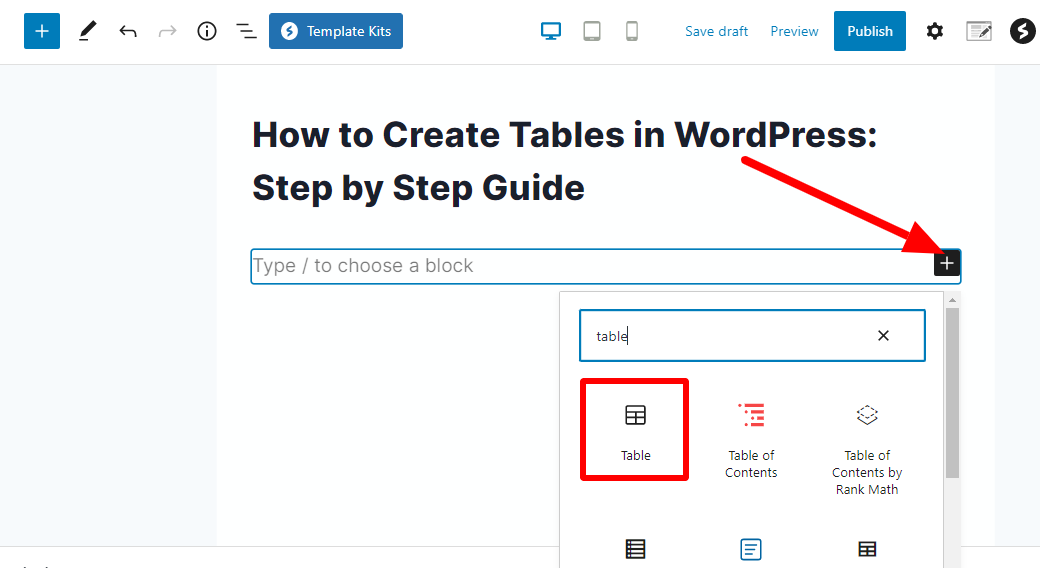 Table block in block editor choosing the table block in WordPress block editor