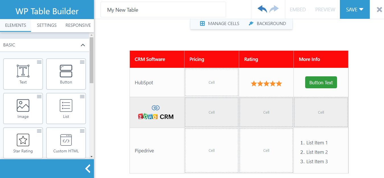 Customize table using WP Table Builder Add element to the table to customize it