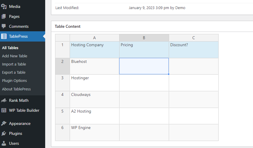 Blank table Adding content to table