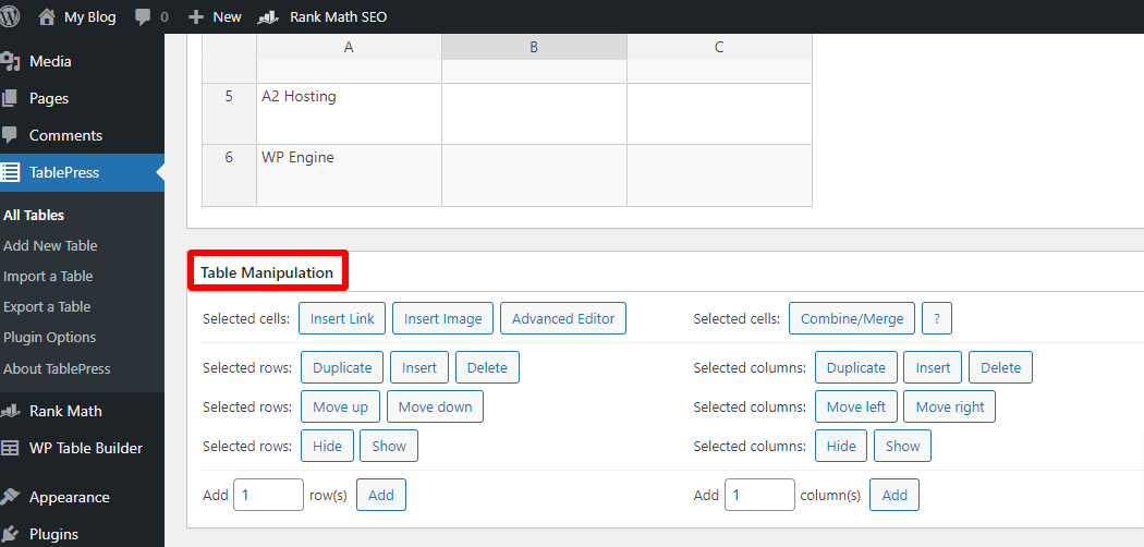 Table customization Customizing table using TablePress