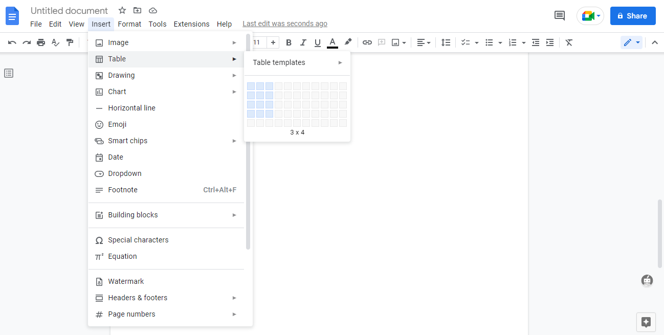 create new table using Google Docs Using Google Docs to create new table