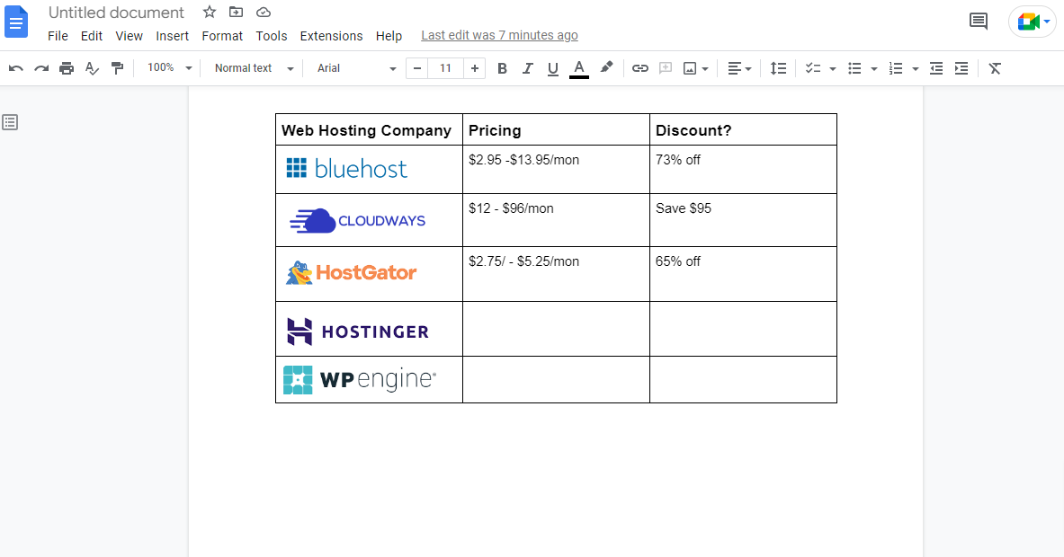 table customization in Google Docs Adding table content