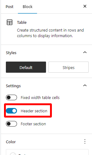 addinf header menu to WordPress tables Adding header section in WordPress tables using block editor