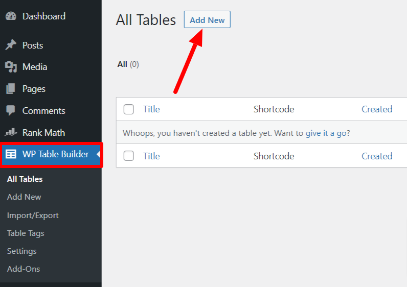 add new table with WP Table Builder Adding new table in WordPress using WP Table Builder