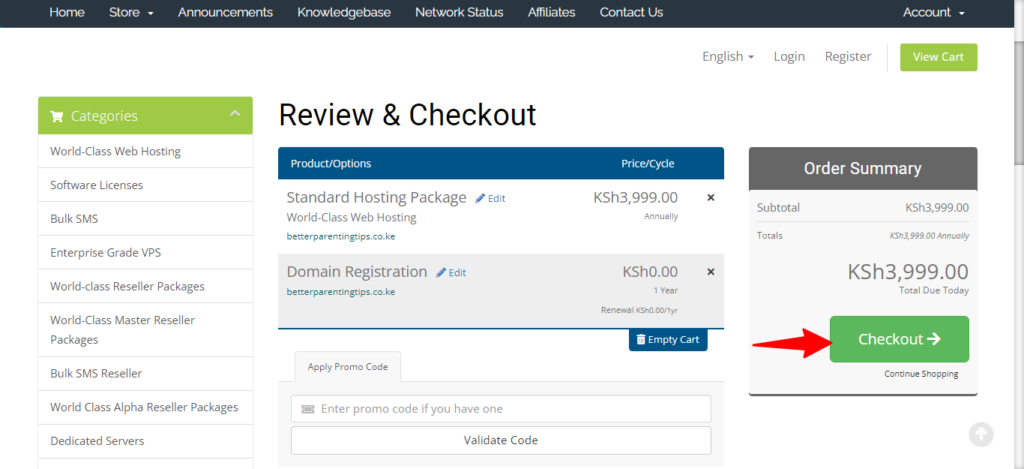 Checkout your order in Hostpinnacle