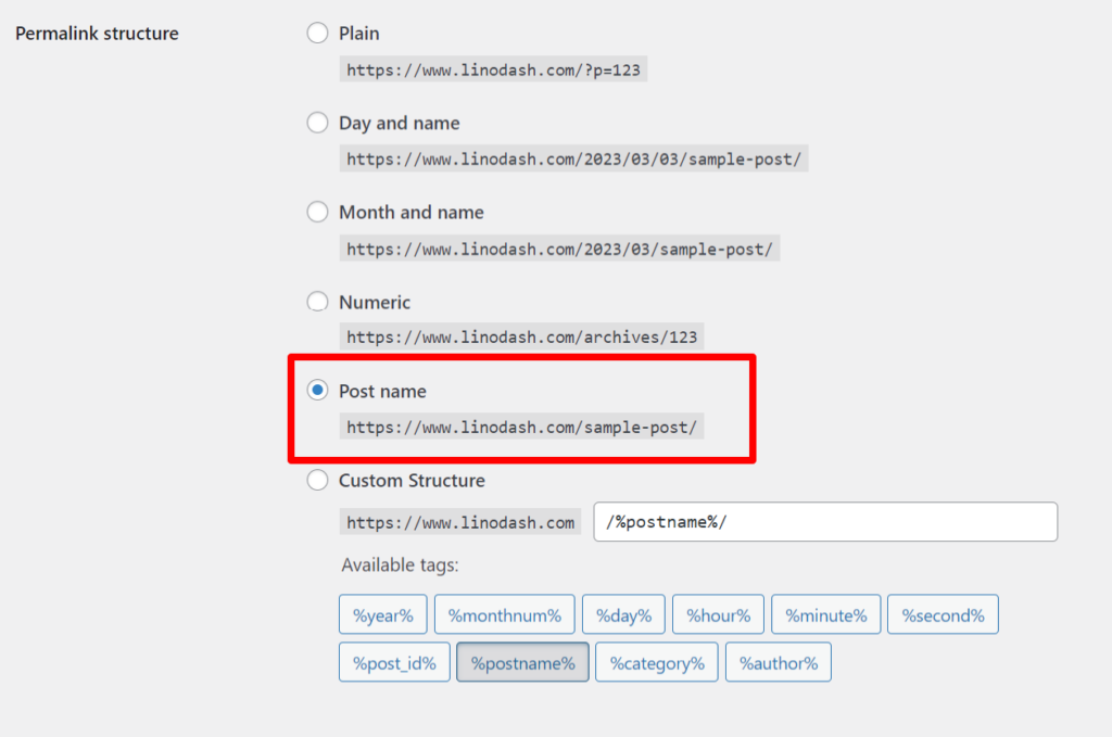 Update your post permalinks WordPress Permalinks Settings