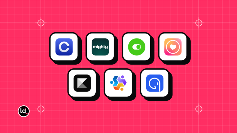 7 app icons including Circle, Mighty Networks, Bettermode in a grid on a pink blueprint background