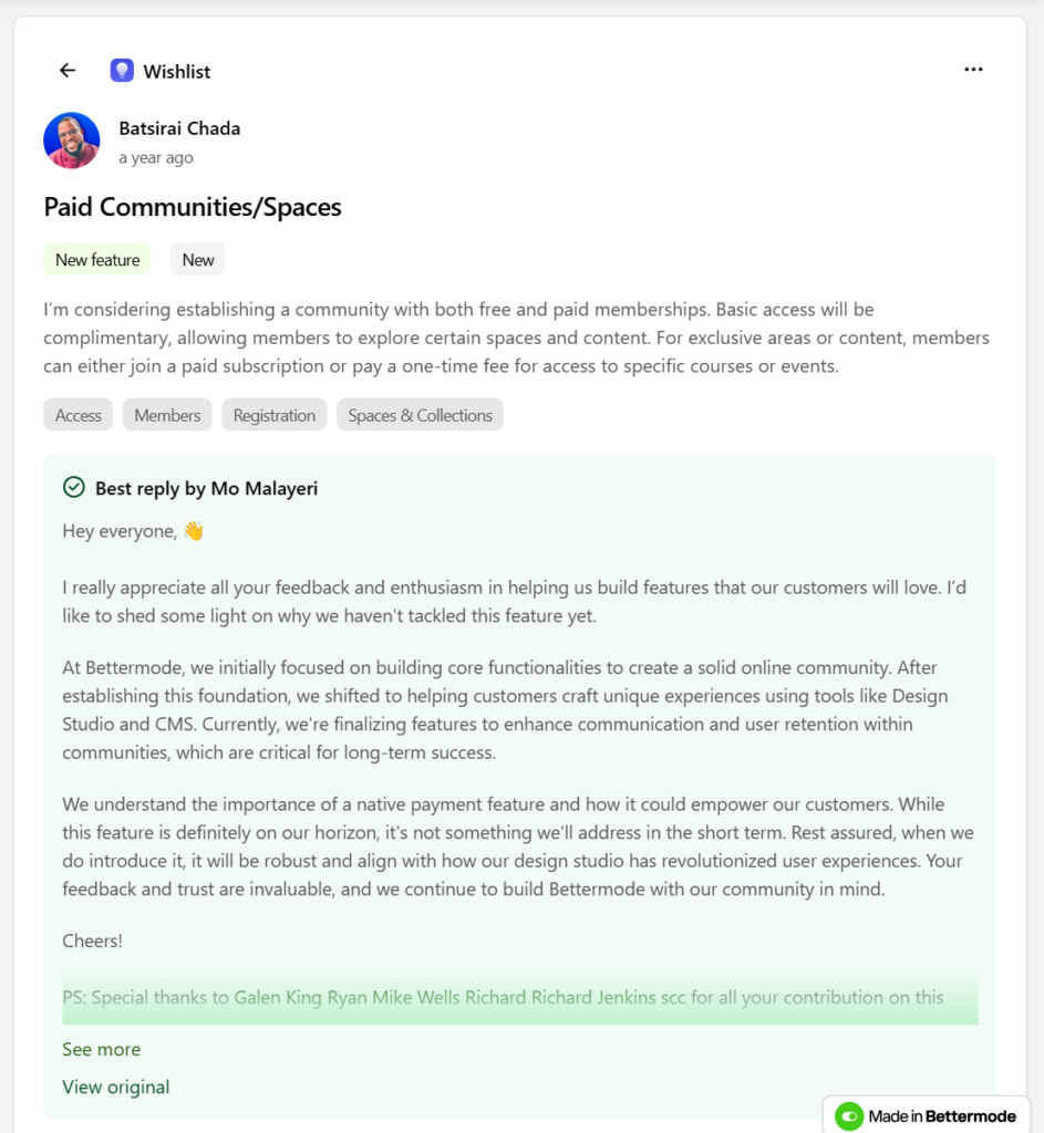 bettermode support forum confirming that they don't support payments