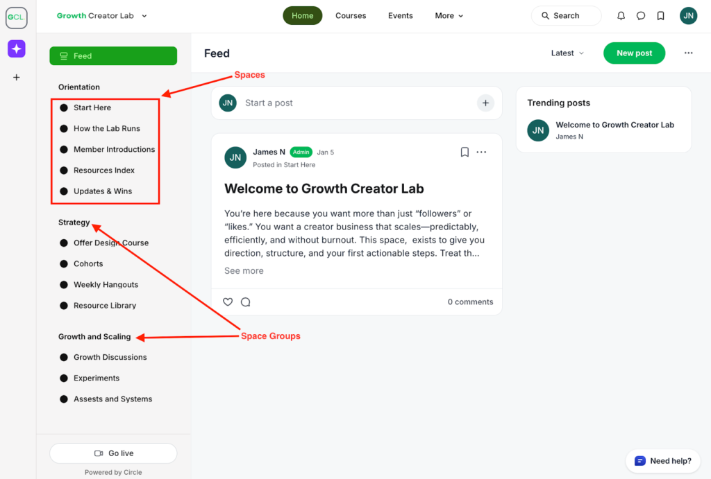 Screenshot of Circle.so left sidebar navigation menu showing custom space groups and community spaces.