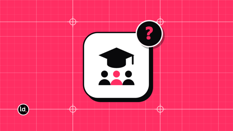 Graduation cap above three people in a white tile on pink with a question mark badge
