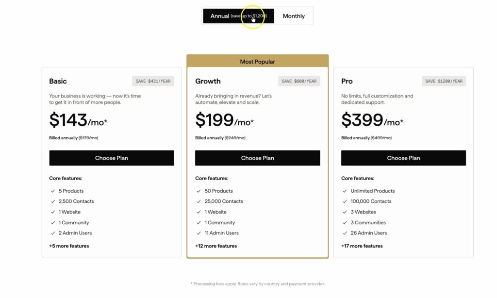 Kajabi annual and monthly payment plans