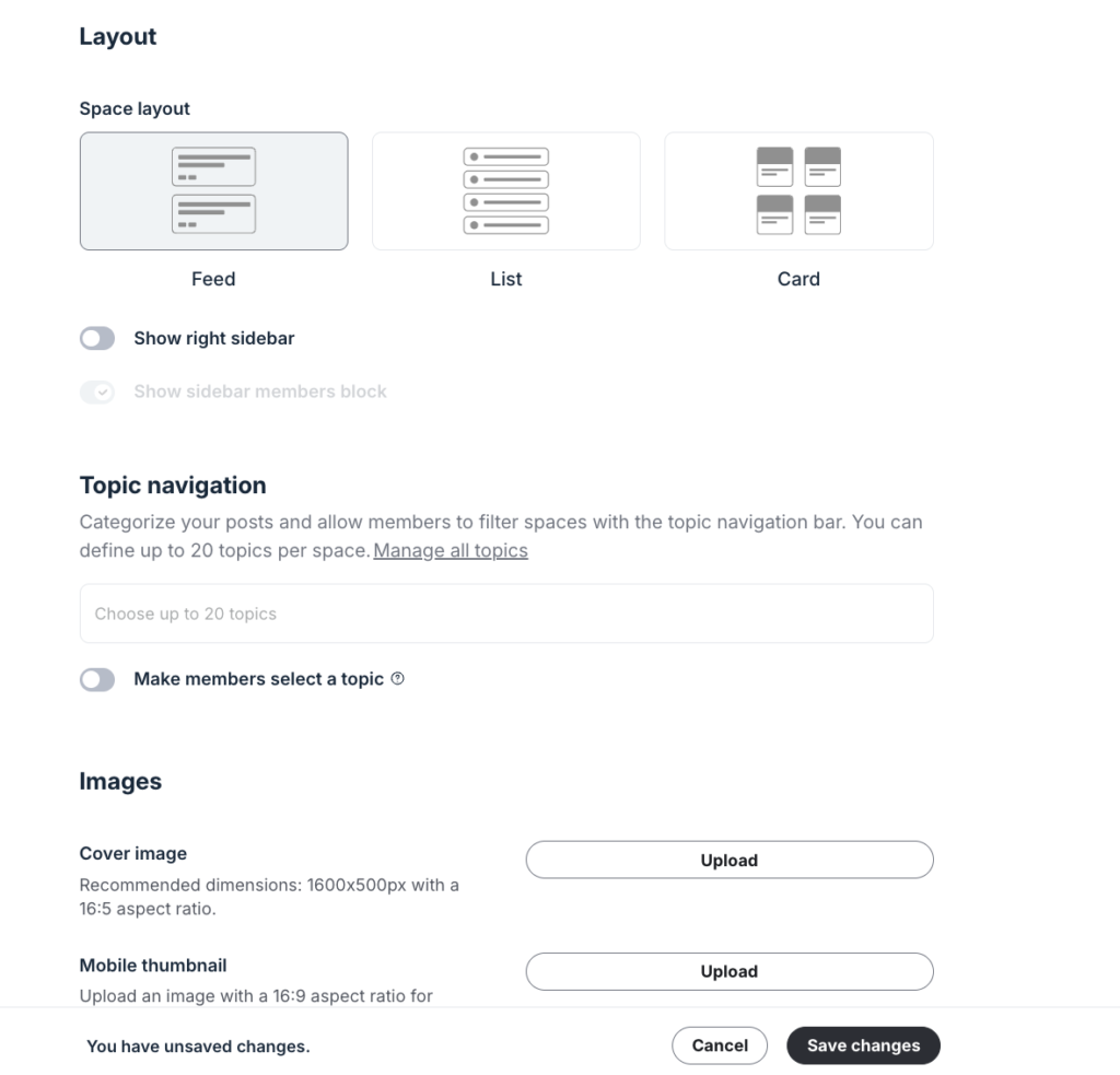 Customisation settings in a Circle space