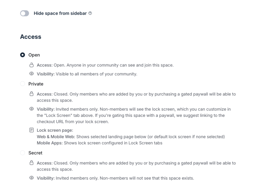 Access settings in Circle spaces.