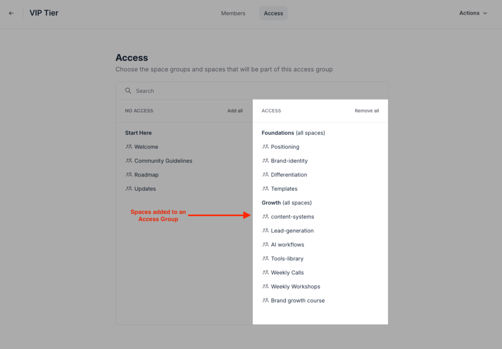 Adding spaces to an access group