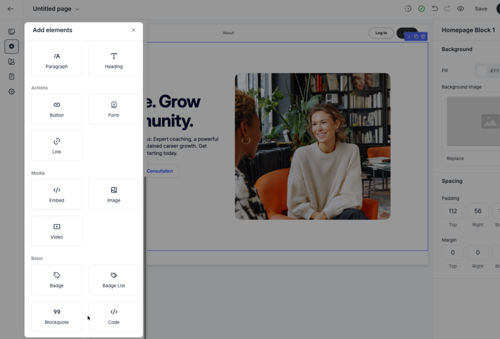Standard elements that you can add in your page designs