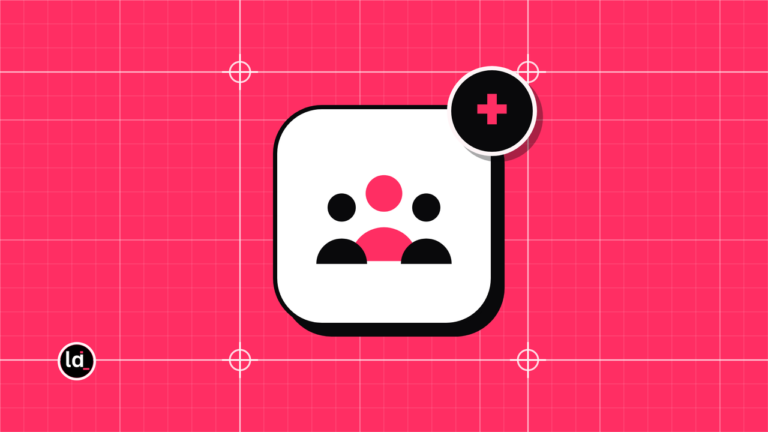 Three people drawn in a white tile on pink with a plus badge