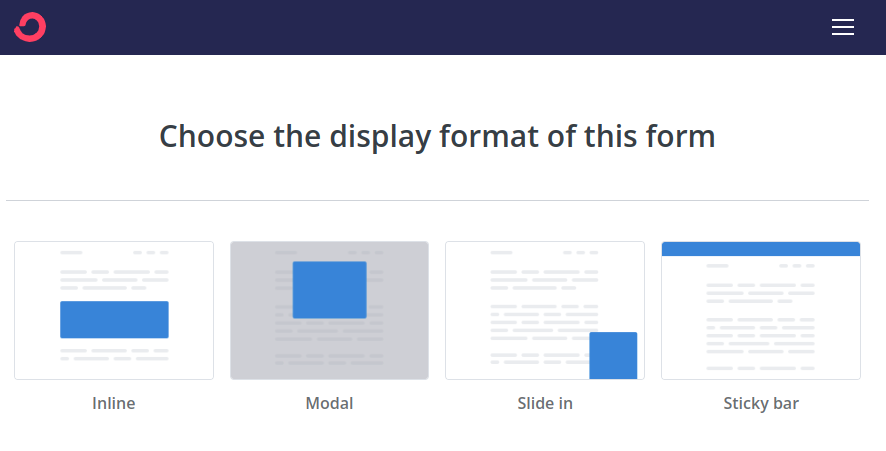different formats you can create in ConvertKit including inlines, modals, slide ins and Sticky bar