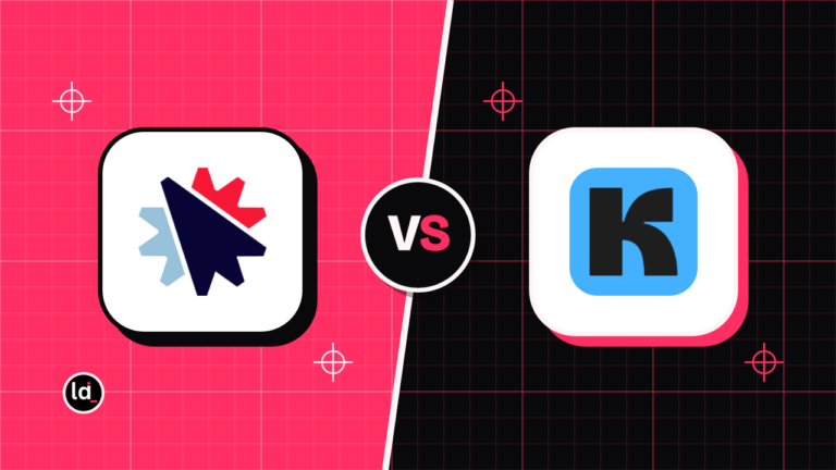ClickFunnels and Kit app icons on a split pink and black background with a VS badge between them