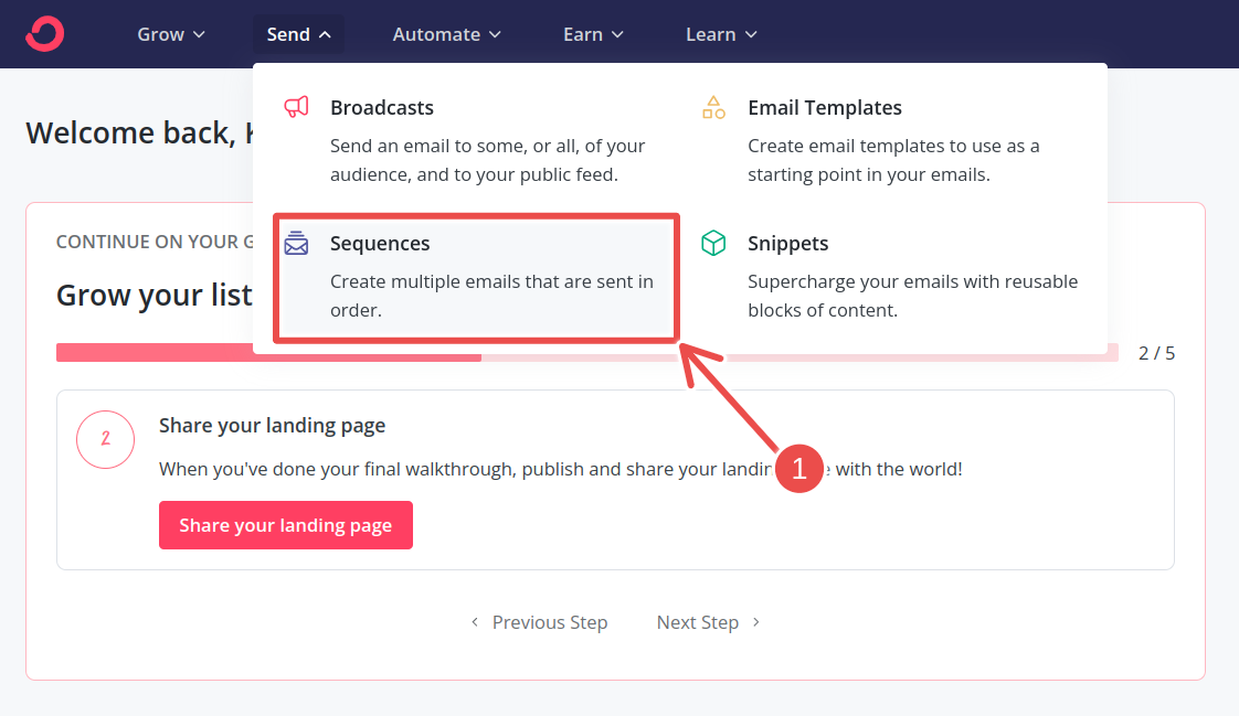 sequence menu in ConvertKit