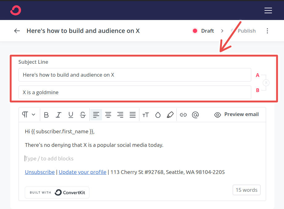 split testing emails in convertkit