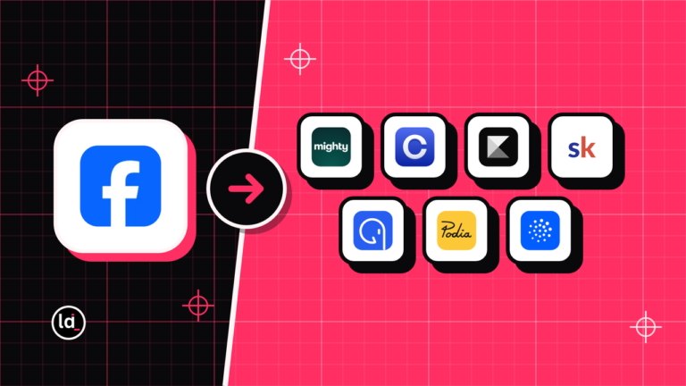 Facebook icon on black with an arrow to Mighty Networks, Circle, Kajabi and 4 more app icons on pink