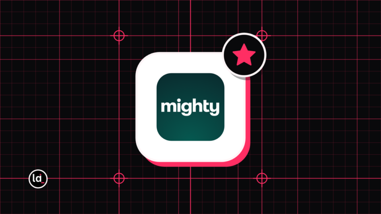Mighty Networks app icon on a black grid with a pink star badge for the review