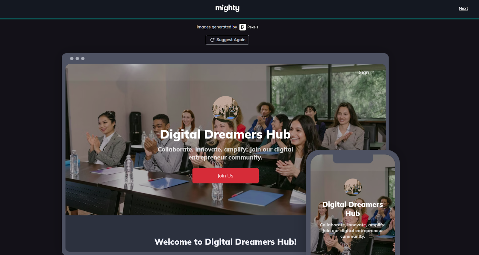 Community landing page generated by Mighty Networks' AI