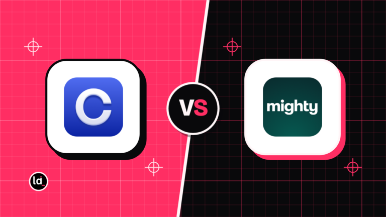Circle and Mighty Networks app icons on a split pink and black background with a VS badge between them