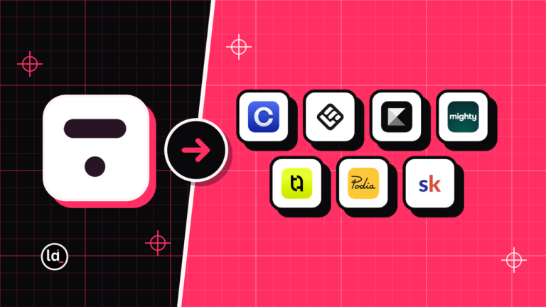 Thinkific icon on black with an arrow to Circle, LearnWorlds, Kajabi and 4 more app icons on pink