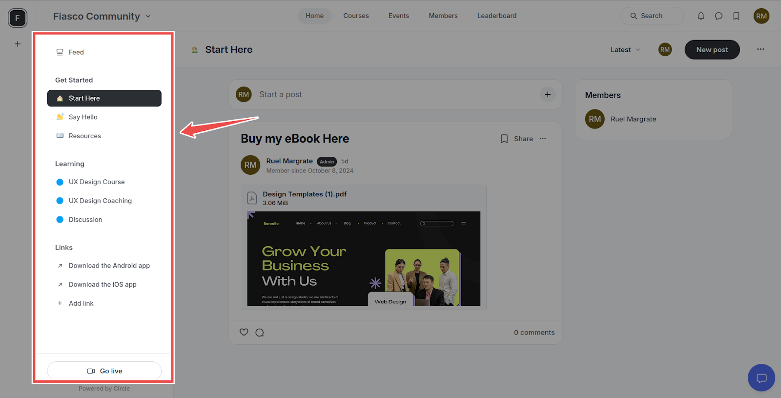 Circle admin dashboard -- left sidebar