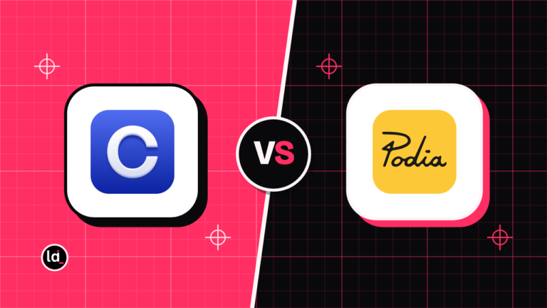 Circle and Podia app icons on a split pink and black background with a VS badge between them
