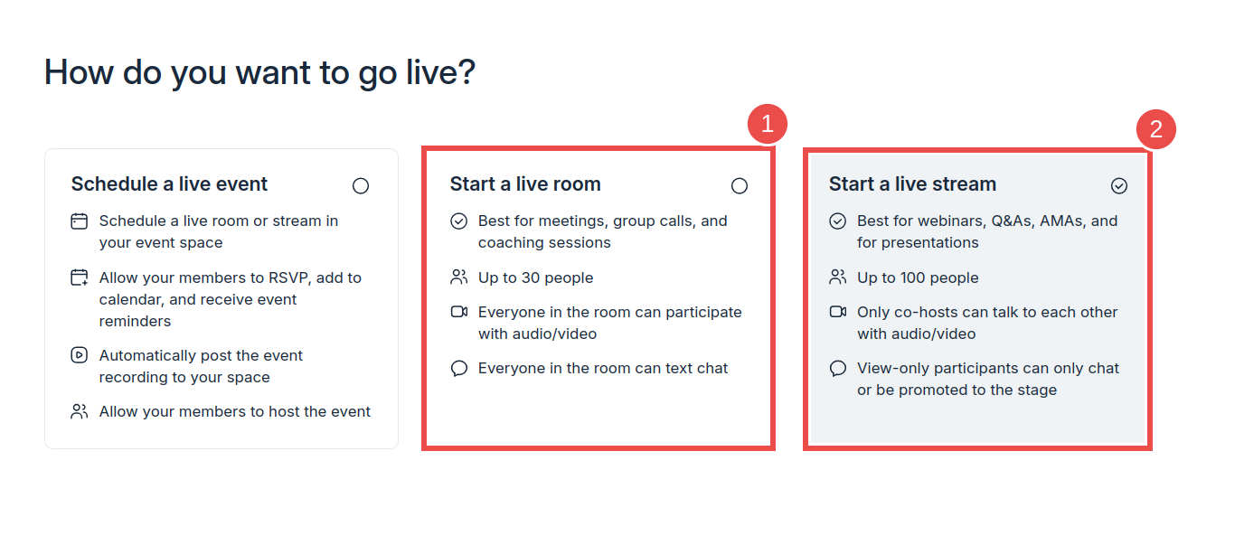 start a live room or a live stream in Circle