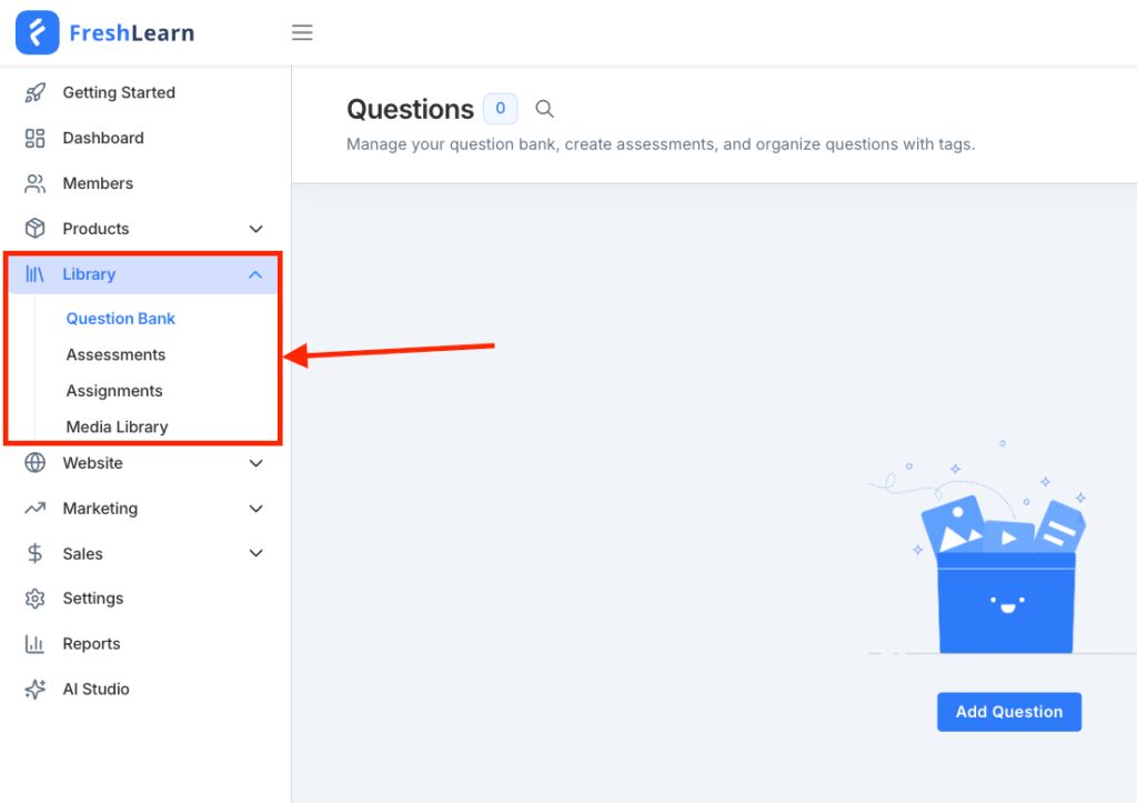 freshlearn library that supports question banks, assessments and assignments