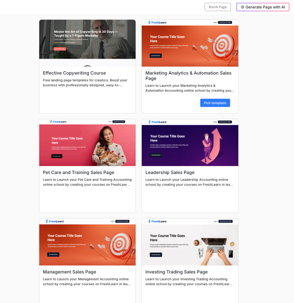 FreshLearn landing page templates