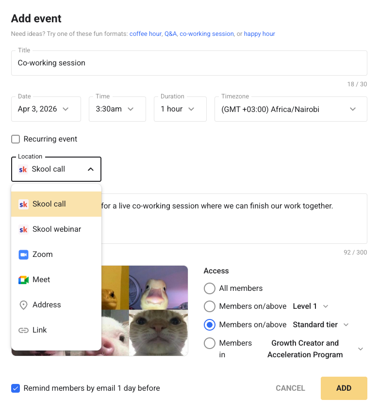 Skool native livestreaming tools