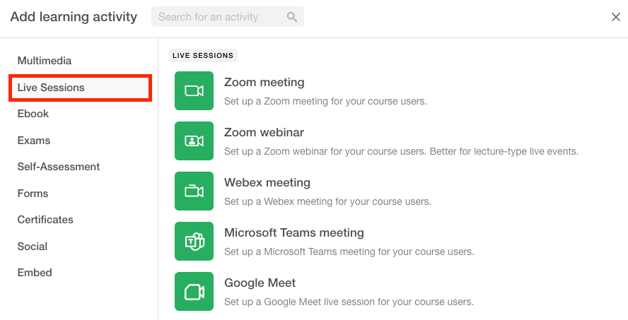 live sessions in learnworlds and supported video conferencing tools