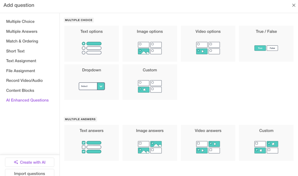 questions formats supported in learnworlds assessments