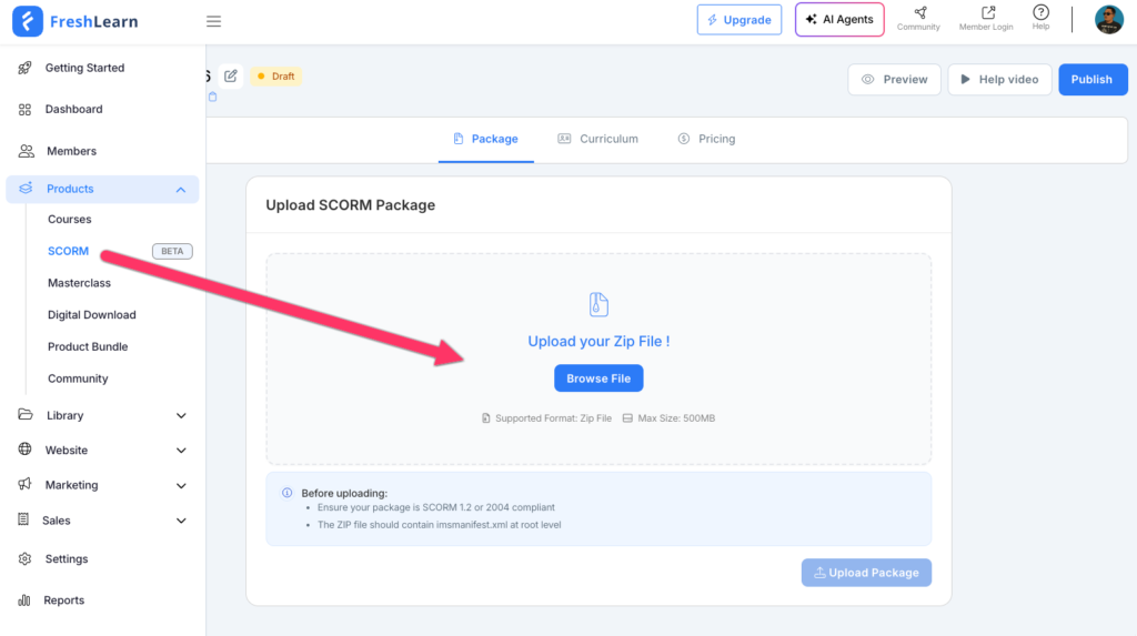 upload SCORM compliant courses in FreshLearn