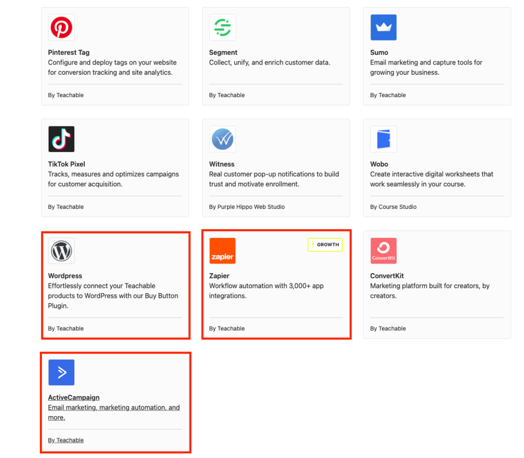 thirdparty apps you can natively intergrate with Teachable