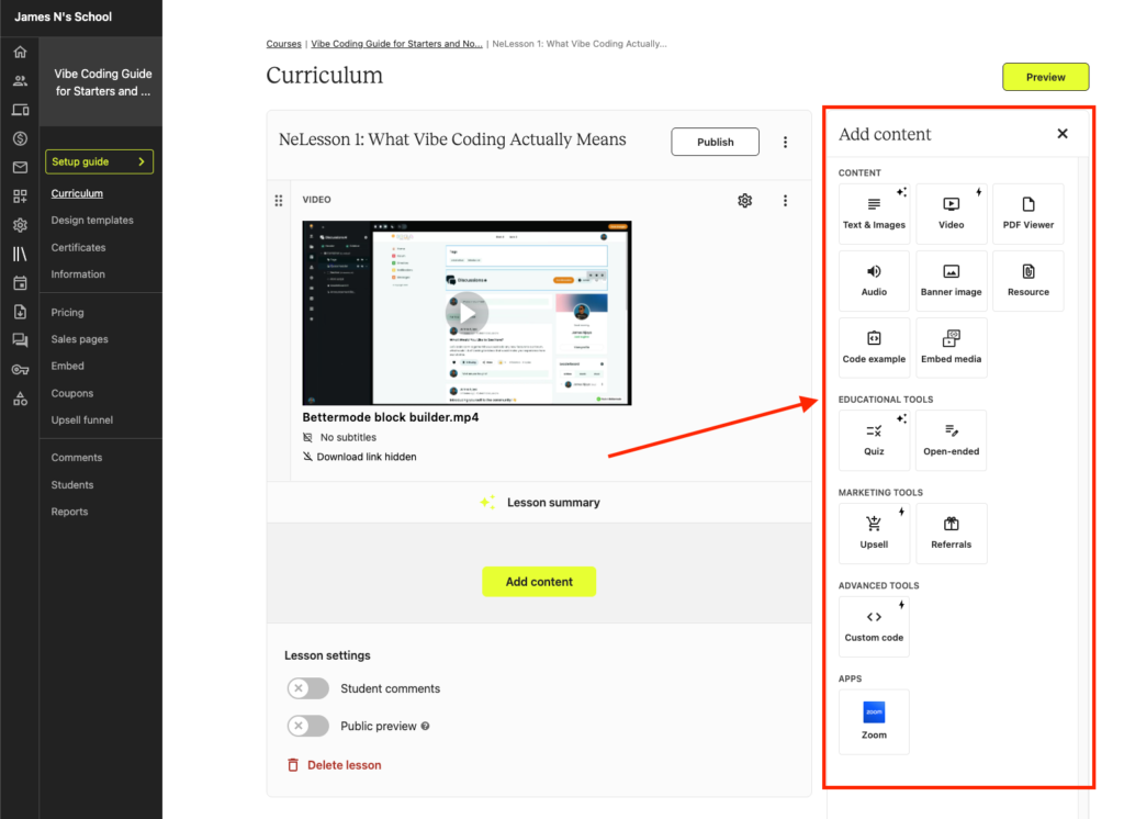 Various course content formats you can add in Teachable's courses