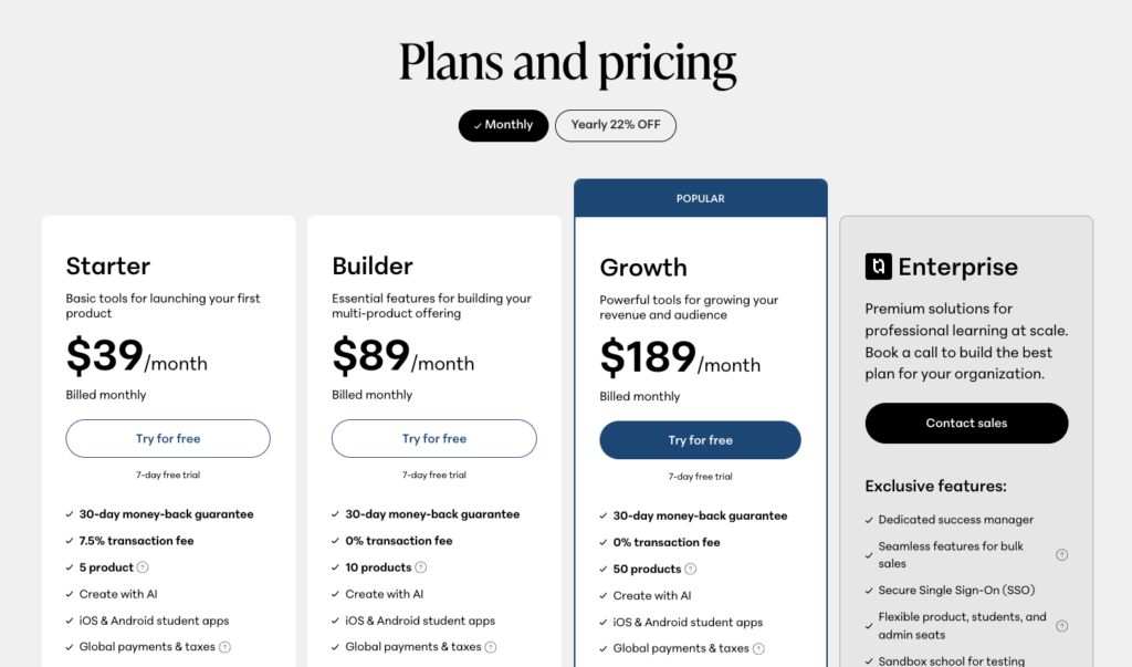 Teachable pricing plans