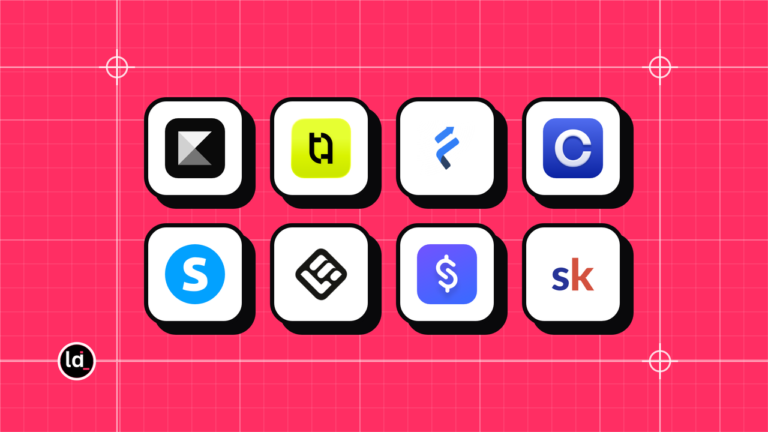 8 app icons including Kajabi, Teachable, FreshLearn in a grid on a pink blueprint background