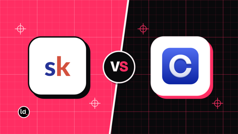 Skool and Circle app icons on a split pink and black background with a VS badge between them