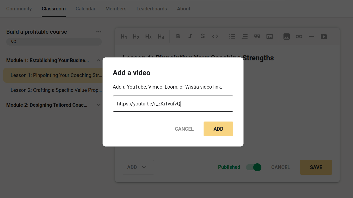 embedding video lessons into Skool