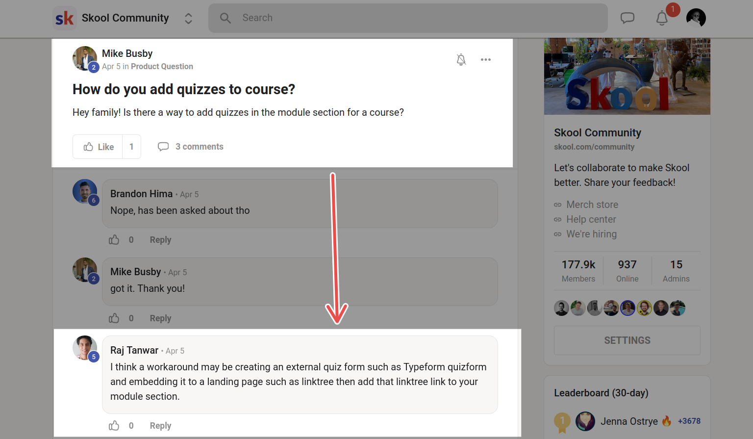 recommendation in Skool community on adding course quizzes