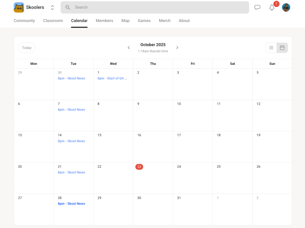 Skool events calendar