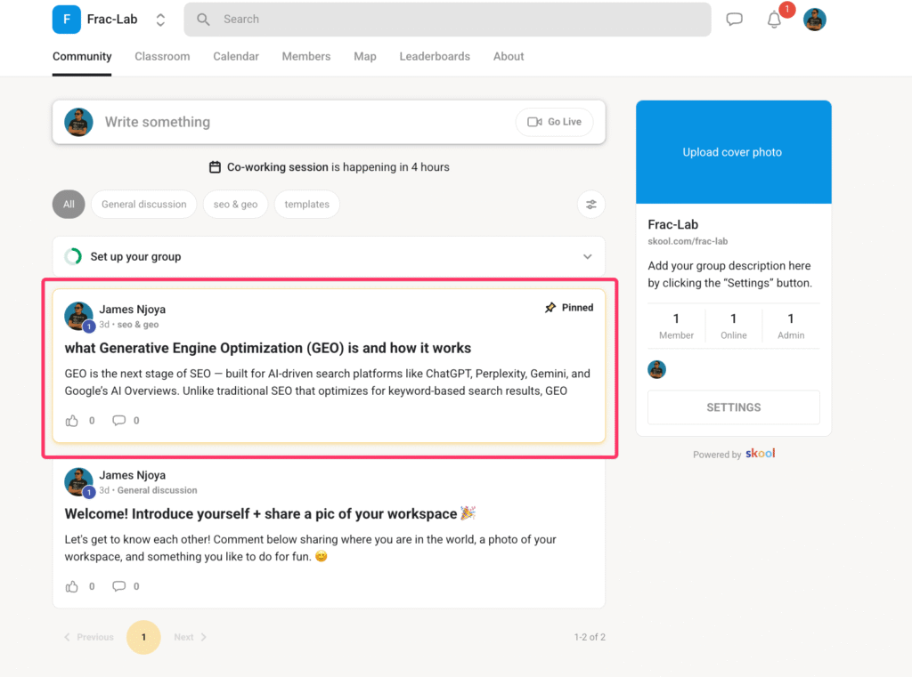 Pinned post in a forum feed in Skool